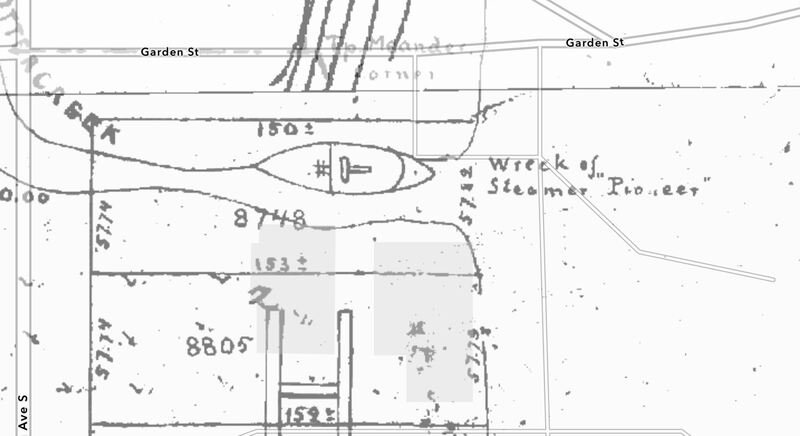Detail of 1889 cadastral map showing the location of the Steamboat Pioneer remains.