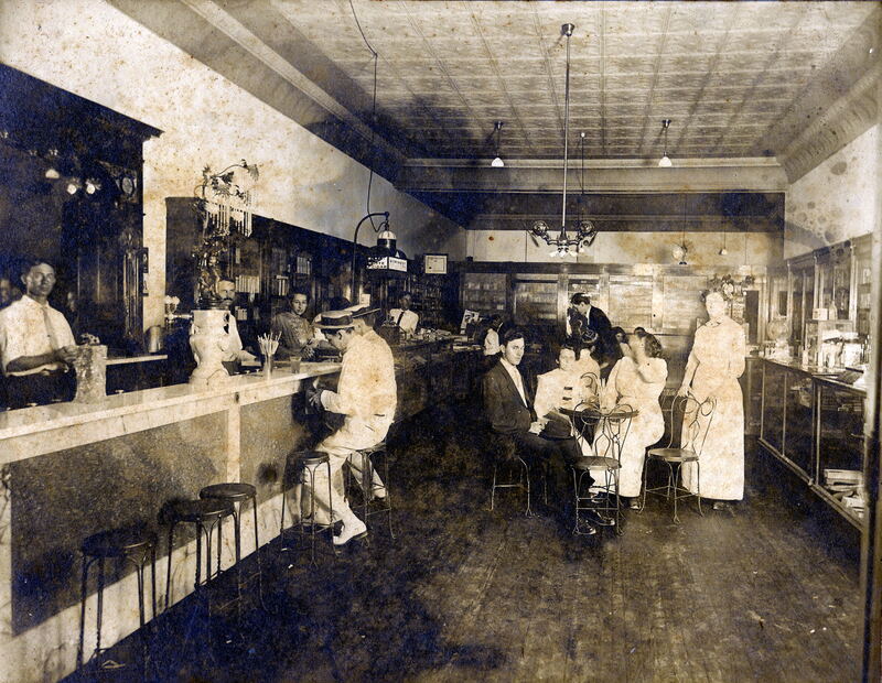 Soda fountain in the Banner Drugstore in the ground floor of the Spell Building