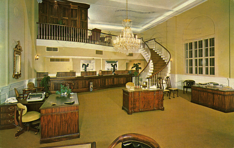 The interior of the bank building in the 1960s.
